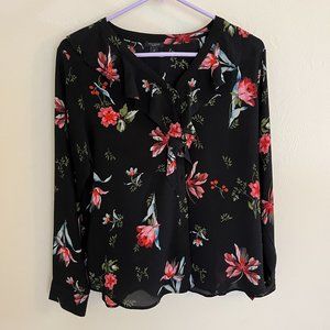 Ann Taylor button up floral blouse with ruffles and long sleeves